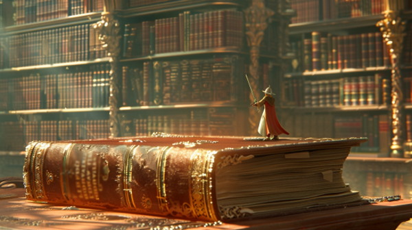 تصویر شوالیه‌ کوچکی که روی کتابی در کتابخانه ایستاده است.