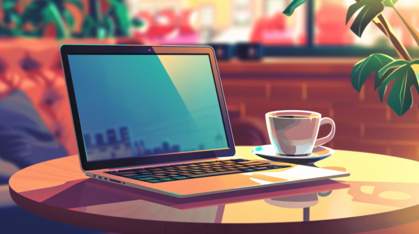تصویر یک لپ‌تاپ که کنار فنجان قهوه قرار دارد.