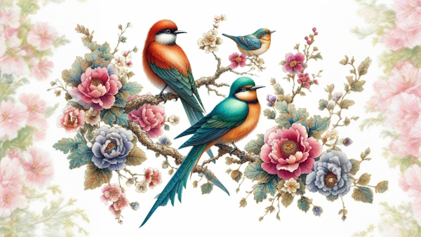 سه پرنده روی شاخه های پر از گل و شکوفه