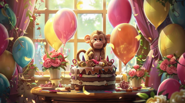 تصویر یک میمون کنار کیک