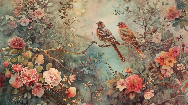 نقاشی دو پرنده که روی شاخه درخت نشسته اند - انواع فعل مضارع در فارسی