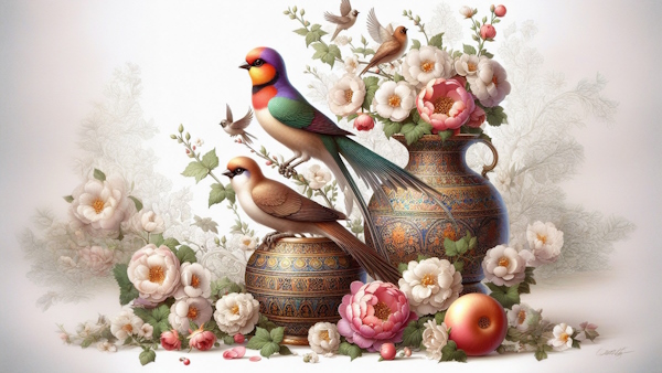 چند پرنده با گلدان های سنتی ایرانی و گل های رنگارنگ