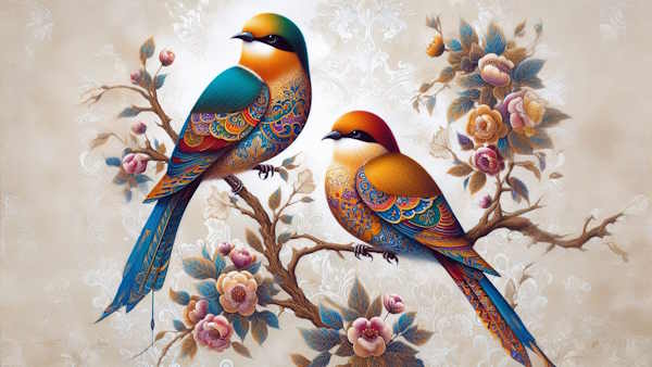 دو پرنده روی شاخه با گل ها و شکوفه ها