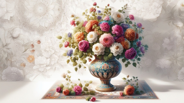 گلدان سنتی ایرانی با گل های رنگارنگ روی قالیچه ایرانی