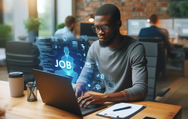 برنامه نویس در حال کار با لپ تاپ به دنبال یافتن فرصت شغلی مناسب است - بازار کار PHP