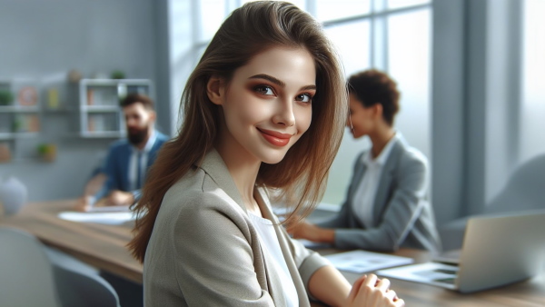 دختری در حال لبخند زدن در یک دفتر بزرگ 