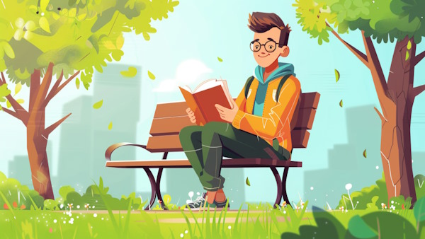 تصویر دانش‌آموزی که روی نیمکتی نشسته است و کتاب می‌خواند.