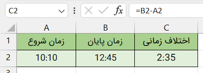 جدولی از داده های زمانی و محاسبه اختلاف زمانی در اکسل با استفاده از عملگر تفریق و تابع ایف
