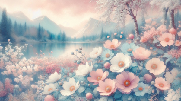 گل هایی با رنگ های پاستلی در کنار دریاچه