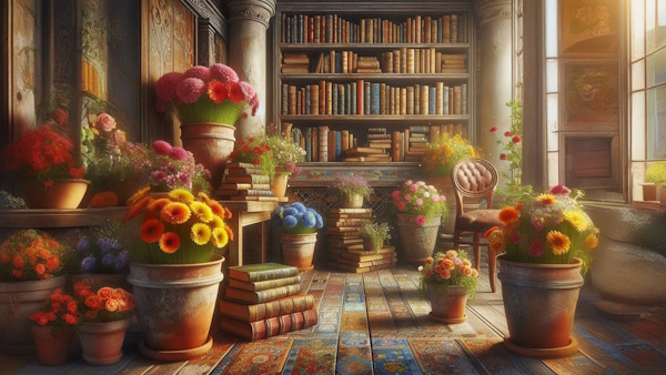 کتابخانه قدیمی با کتاب و گل و گلدان - انواع فعل مضارع در فارسی