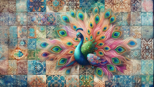 طاووس با زمینه کاشی ایرانی و نقوش سنتی