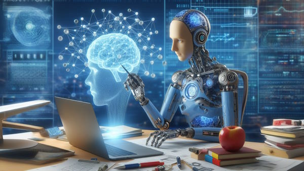 ربات هوش مصنوعی در حال کار با لپتاپ و مطالعه و یادگیری درباره شبکه عصبی است 
