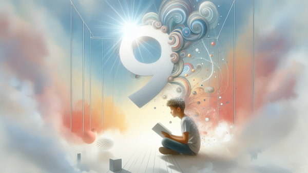 یک پسر نشسته در یک اتاق خیالی در حال مطالعه به همراه یک عدد 9