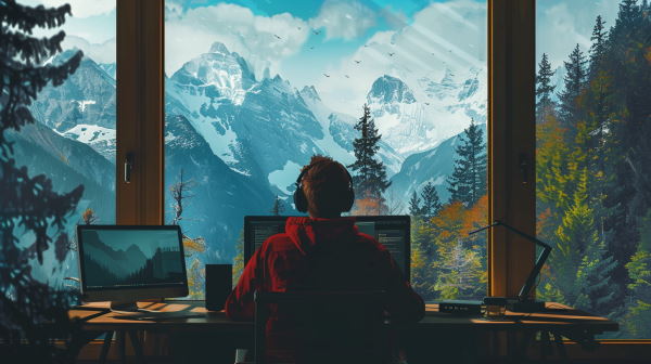 پسری در حال کار با کامپیوتر در مقابل پنجره‌ای رو به کوهستان نشسته است.