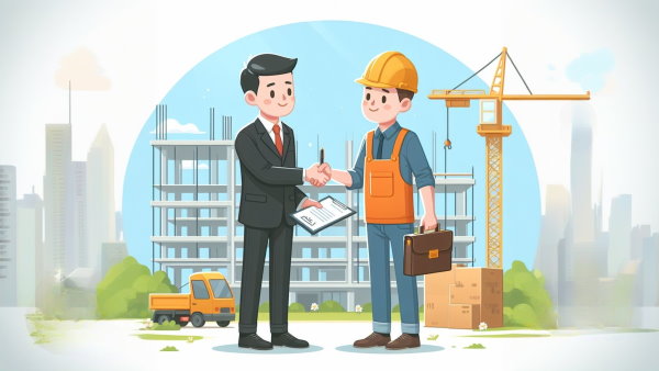 یک پیمانکار و کارفرما در حال دست دادن به همراه یک قرارداد در دست با پس زمینه ساختمان در حال ساخت