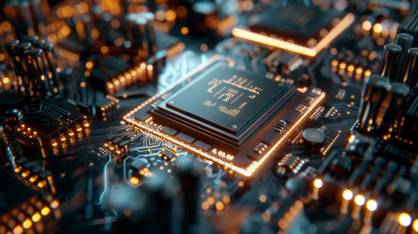 یک مدار سخت افزاری با پردازشکری در وسط و اتصالات نورانی به مادربرد توسط عناصر سخت افزاری - بافر در برنامه نویسی چیست