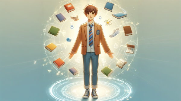 یک پسر ایستاده درون یک دایره با کتاب های در حال چرخش به دورش - فرمول های ریاضی نهم