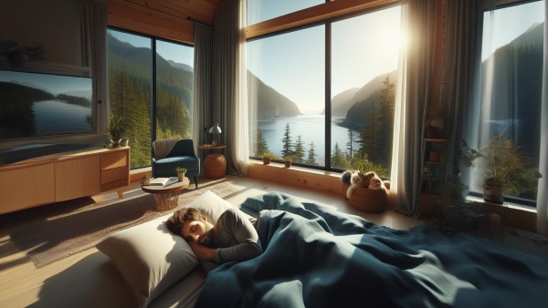 فردی در اتاق خوابی بسیار زیبا با چشم‌انداز دریا و حنگل که خوابیده است. 