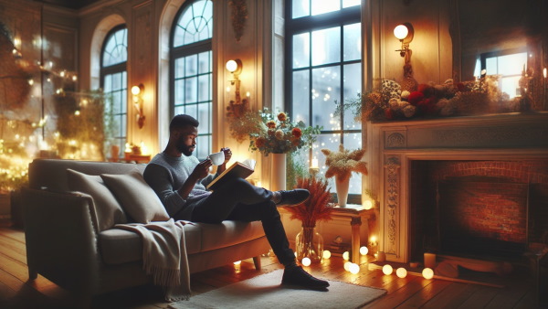 مرد سیاه‌پوستی در اتاق زیبا و بزرگی با پنجره‌های نورگیر در حال کتاب‌ خواندن و مطالعه