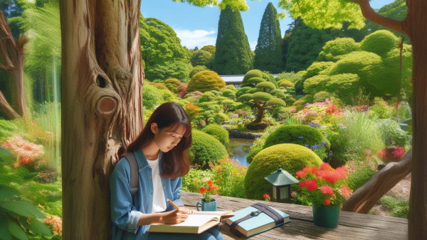 خانمی در حال درس خواندن در طبیعتی زیبا 