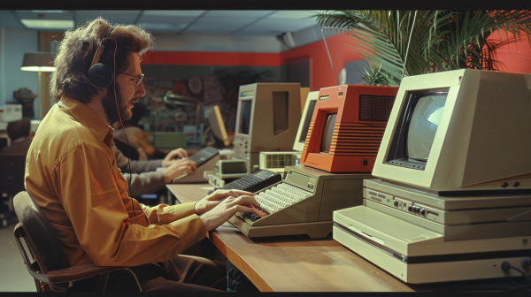 یک نفر در حال کر با کامپیوتری بسیار قدیمی است