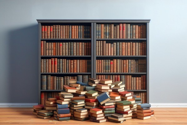 تعدادی کتاب روی زمین و قفسه ای از کتاب ها که نشان دهنده داده های نرمال شده است