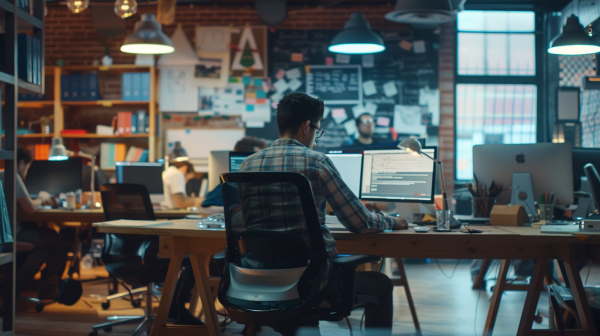 برنامه نویسی در فضای کار اشتراکی پشت میز نشسته و در حال کار با کامپیوتر است