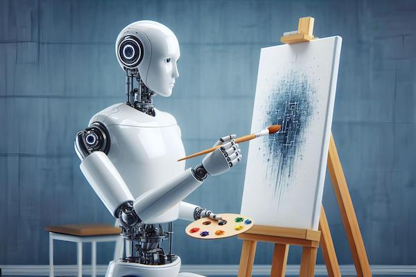 رباتی در حال نقاشی کشیدن که بیانگر توانایی های هنری هوش مصنوعی مولد است