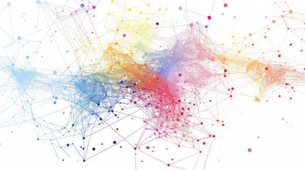 یک گراف بسیار پیچیده با گره‌ها و یال‌های رنگی - الگوریتم کروسکال