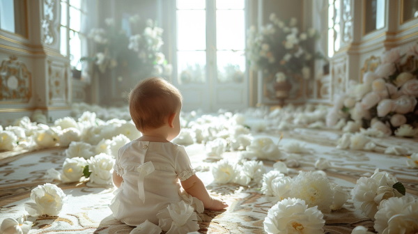 نوزادی در حالت نشسته در فضایی باز و بزرگ به‌همراه گل‌های تزئینی زیبا