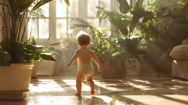 پسری در حال راه رفتن در اتاقی بسیار بزرگ، نورگیر و زیبا 