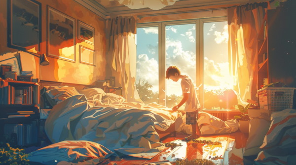 پسری که در اتاقی نورگیر و بسیار زیبا قرار دارد و در حال مرتب کردن تخت خود است. 