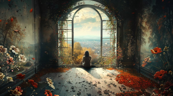 دختری که در اتافی زیبا روبروی پنجره نشسته و در حال نگاه کردن به طبیعت مقابل ساختمان از پنجره است. 