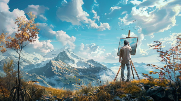 فردی در حال نقاشی بر روی بوم از طبیعت زیبا