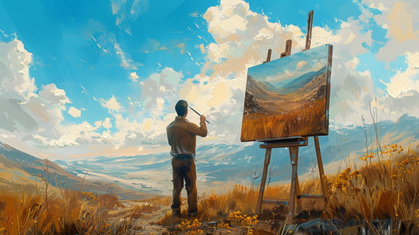 مردی در حال نقاشی در طبیعتی زیبا زیر آسمان آبی 
