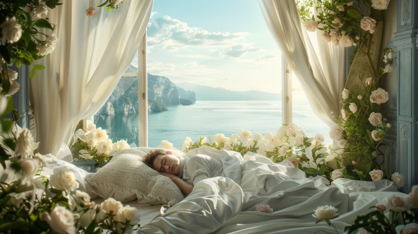 فردی در حال خوابیدن در اتاقی بسیار زیبا و نورگیر با چشم‌اندازی طبیعی و زیبا 
