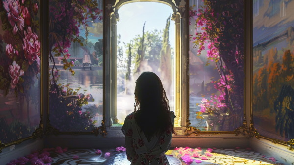 دختری در اتاق زیبا که در حال نگاه کردن به طبیعت زیبای بیرون از منزل است. 