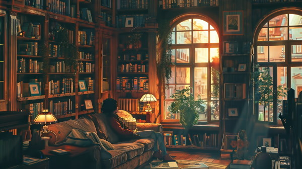 فردی که در یک اتاق بزرگ و زیبا بر روی کاناپه نشسته و از پنجره به طبیعت بیرون نگاه می‌کند. 