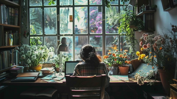 فردی در حال مطالعه در اتاقی بسیار زیبا با پنجره‌های بزرگ و گل‌های تزئینی زیبا که بر روی صندلی نشسته و در حال درس خواندن است. 