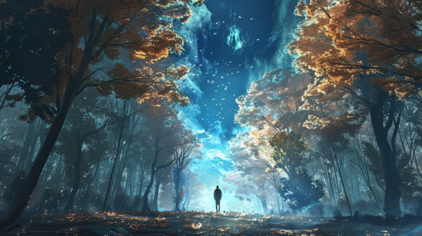 فردی که در یک مسیر جنگلی زیر آسمان آبی در حال نگاه کردن به افق است. 