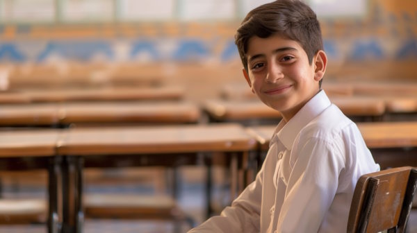  تصویری از یک پسر ایرانی خندان که در کلاس ریاضی خالی نشسته است اما خوشحال است.