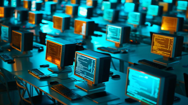 تعداد بسیار زیادی کامپیوتر قدیمی در یک سالن بر روی میز برای کار کردن قرار گرفته اند. 