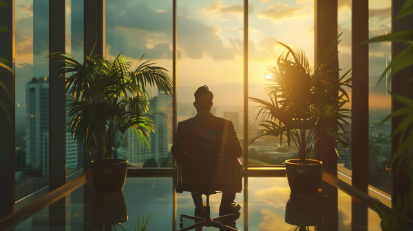 مدیر شرکتی بزرگ که در دفتر خود نشسته و از پنجره به محیط بیرون نگاه می‌کند. 