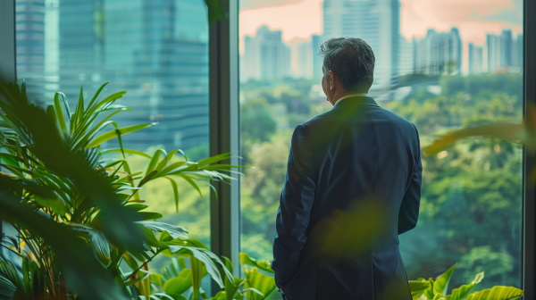 مدیر شرکتی که از پشت پنجره شرکت در حال نگاه کردن به طبیعت بیرون از دفتر است. 