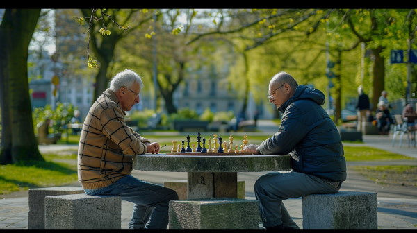دو مرد میانسال در حال بازی کردن شطرنج در طبیعتی زیبا بر روی سکوهای سنگی