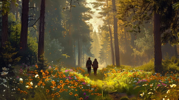 دو نفر که در حال قدم زدن و راه رفتن در جنگلی سبز و زیبا با درختان مرتفع است. 