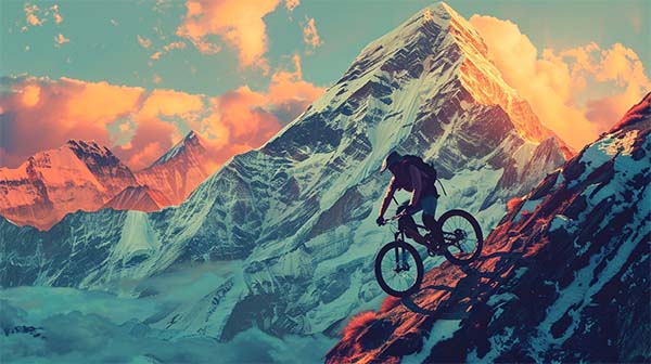 دوچرخه سواری در حال پایین آمدن از کوه است.