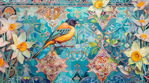پرنده ای در میان کاشی های ایرانی