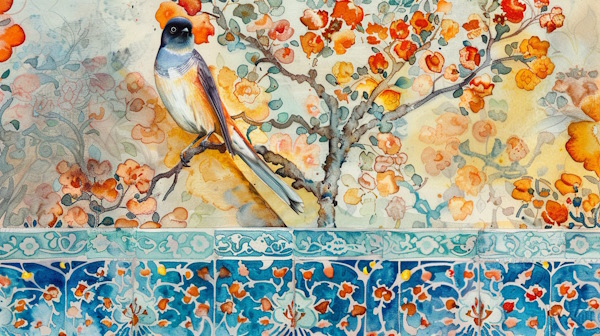 یک پرنده روی شاخه درخت با زمینه طرح های سنتی کاشی های ایرانی