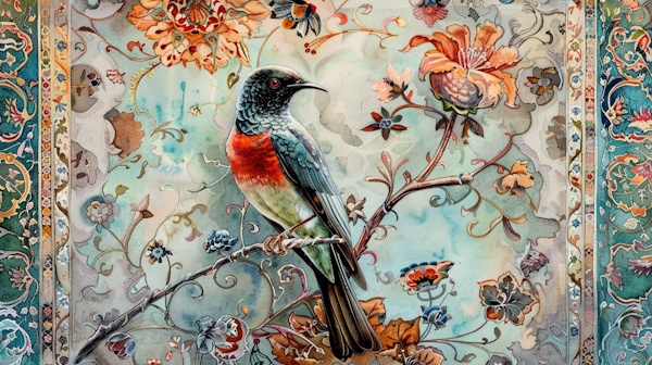 یک پرنده روی شاخه درخت با پس زمینه کاشی های سنتی ایرانی - شناسه های فعل ماضی و مضارع در فارسی